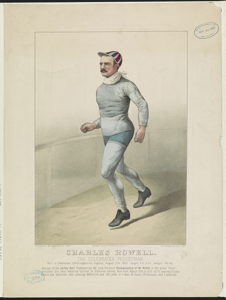 An 1879 lithograph of Charles Rowell, dressed for a six-day walking contest.